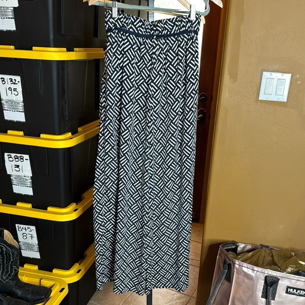 Zara Trafaluc Navy White Geometric Wide Leg Pants Tassel Tie Size Small